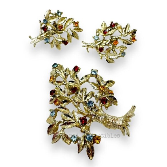 Dodds Gold Tone Blue Red Yellow Crystal Tree Brooch Clip On Earring Set Vintage - Picture 2 of 11